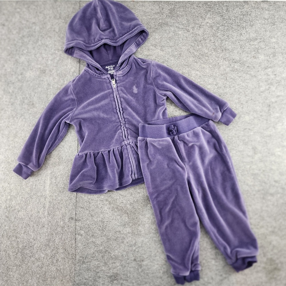 Ralph Lauren 18M Purple Velour Ruffle Hoodie Jogger Set Athleisure Toddler Girls